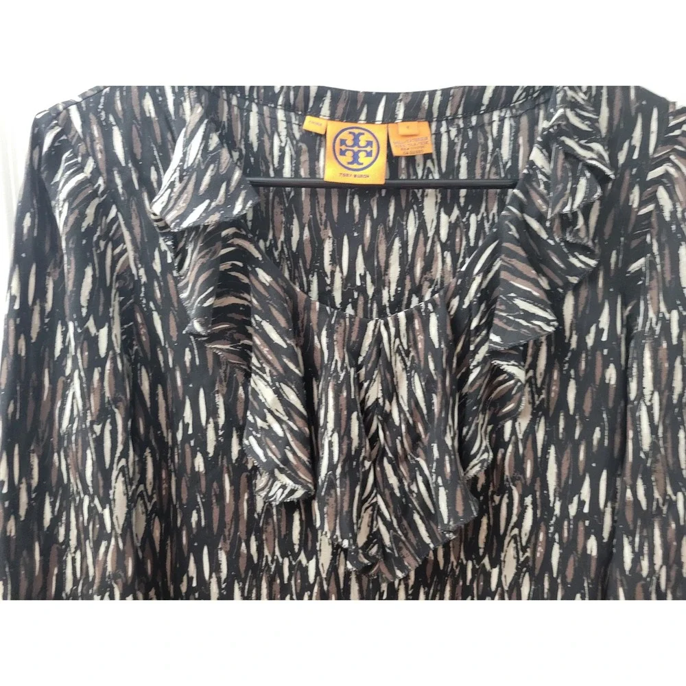 Tory Burch Silk Ruffle V-Neck Blouse 3/4 Sleeve Abstract Print Black Brown Sz 8